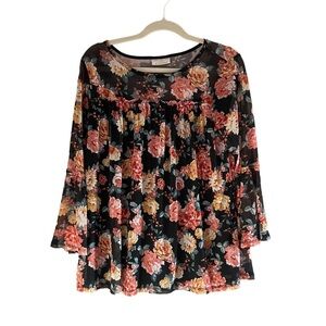 Bobbie Brooks Women's Black Floral Sheer 3/4 Bell Sleeve Lined Blouse Size M